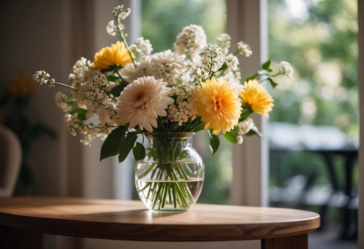 A glass vase filled with fresh flowers sits on a small table near the entrance of a home, adding a touch of natural beauty to the decor