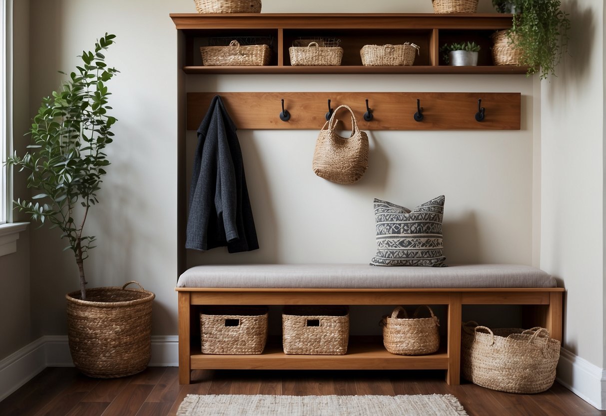 A wooden entryway bench with built-in storage sits against a wall, adorned with a few decorative items. The space is small but cozy, with the bench serving as a functional and stylish addition to the home entrance