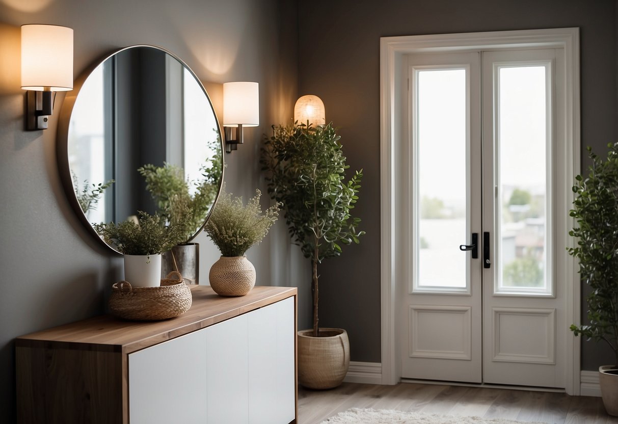 A small entrance with wall-mounted shelves, a slim console table, and a mirror. Hooks for coats and bags. Bright, neutral colors