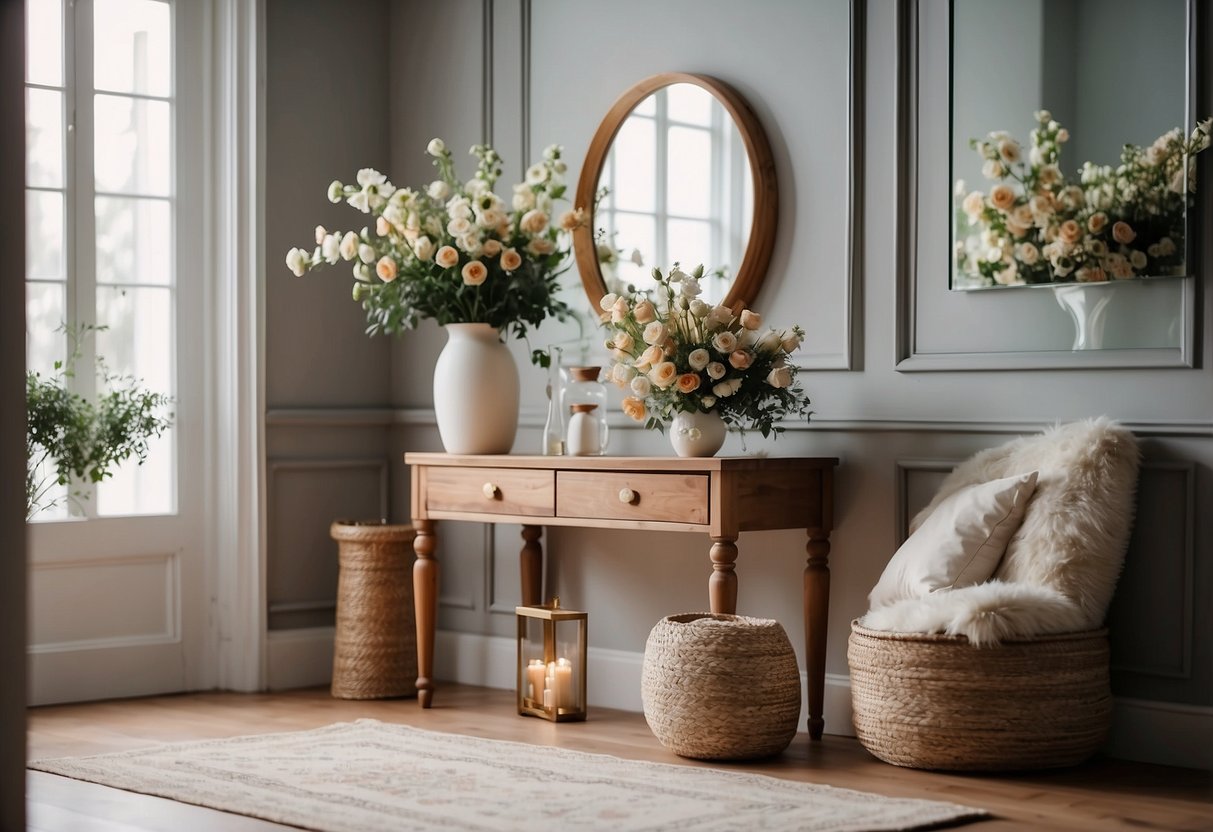 A cozy home entrance with a small table adorned with a vase of fresh flowers, a decorative mirror on the wall, and a stylish rug on the floor