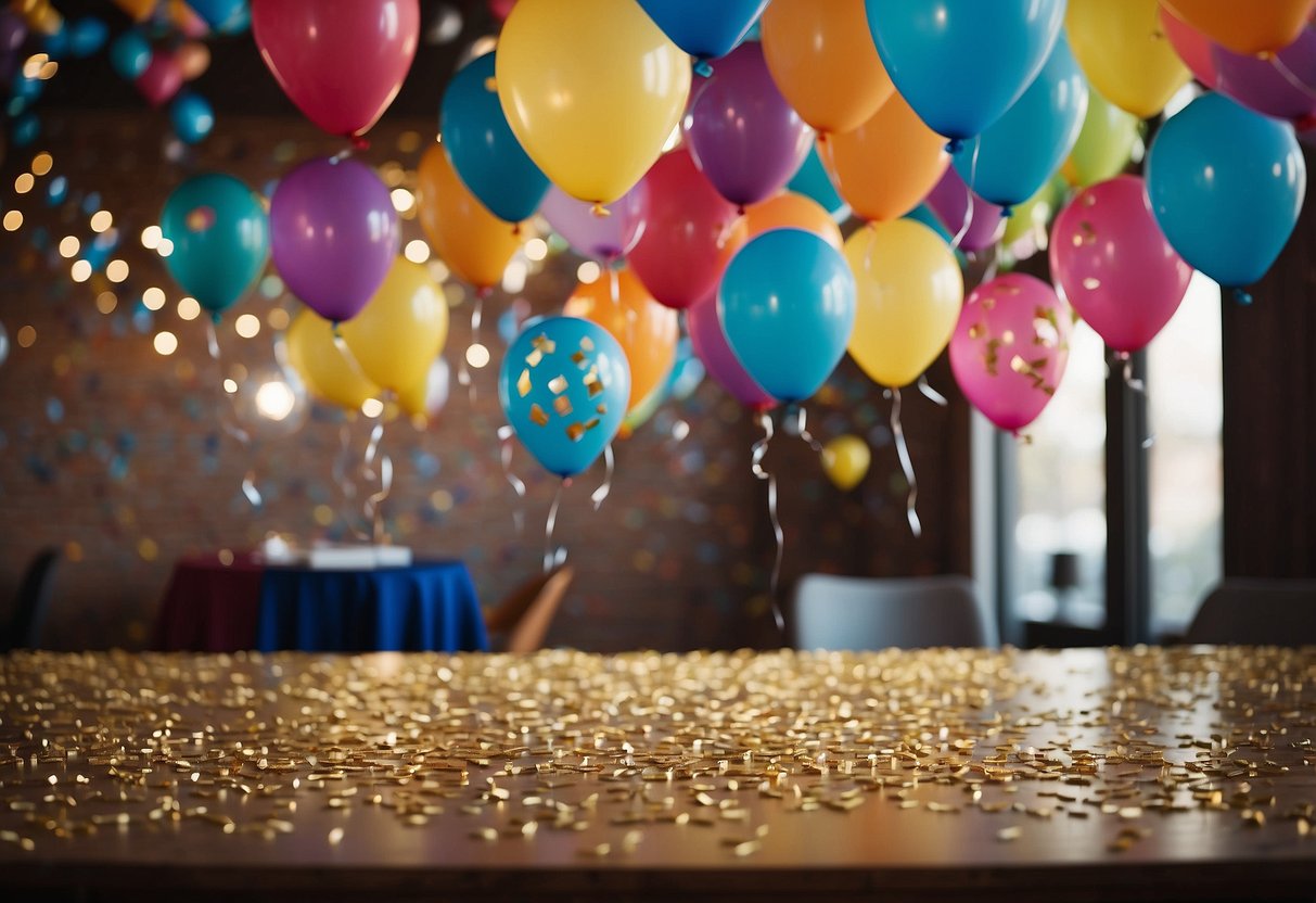 Colorful banners, balloons, and confetti adorn a room. A large "25" centerpiece sits on a table surrounded by photos and memorabilia. Streamers and lights add to the festive atmosphere