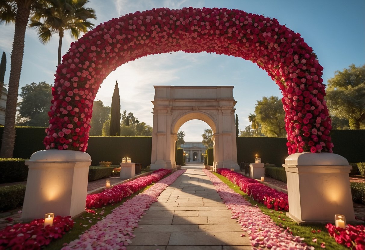 A pathway lined with scattered rose petals, leading to a grand archway adorned with twinkling lights and a banner celebrating 25 years of love