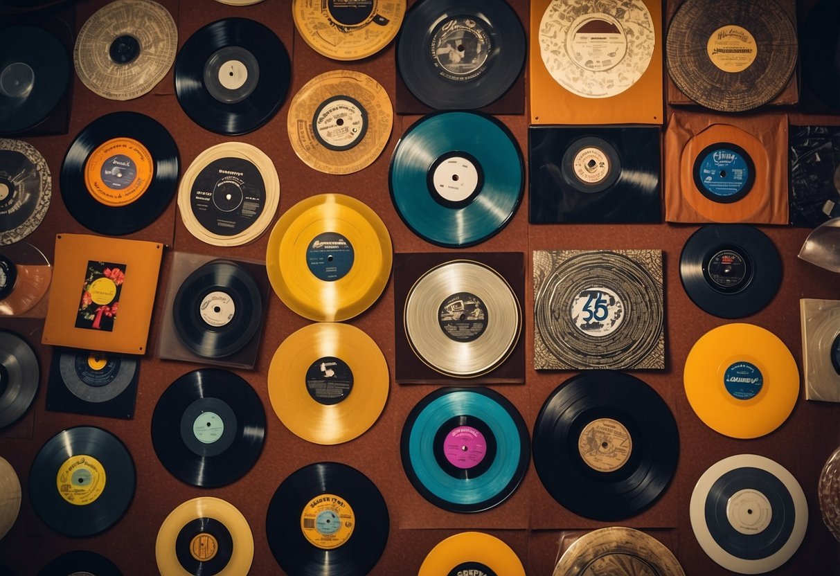 A wall adorned with vintage vinyl records, arranged in a creative pattern to celebrate a 25th anniversary