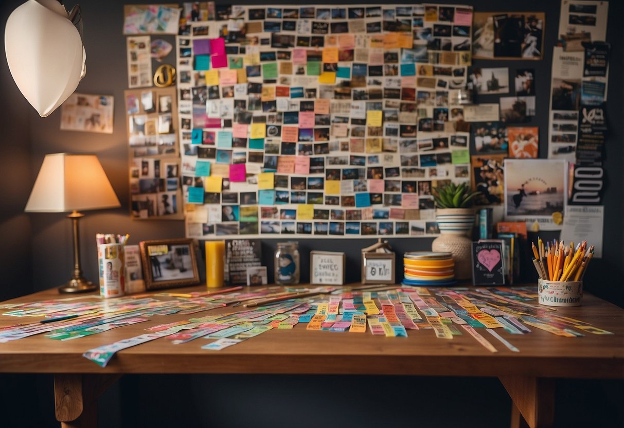 A table covered in colorful washi tape, stickers, and photos. A pair of scissors and glue stick sit nearby, ready for crafting. A banner reading "25th Anniversary" hangs on the wall