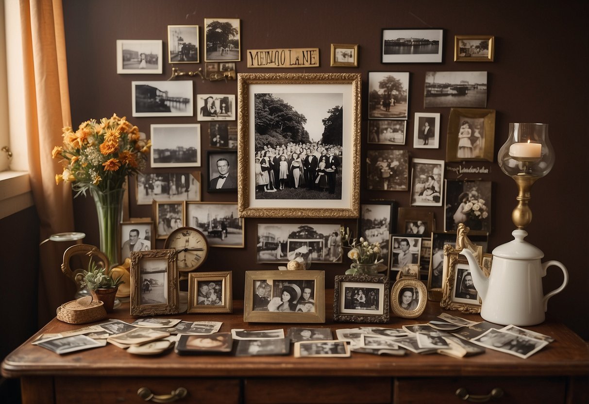 A table covered in old photographs, vintage frames, and decorative memorabilia. A banner reading "Memory Lane Photo Collage 25th Anniversary" hangs above