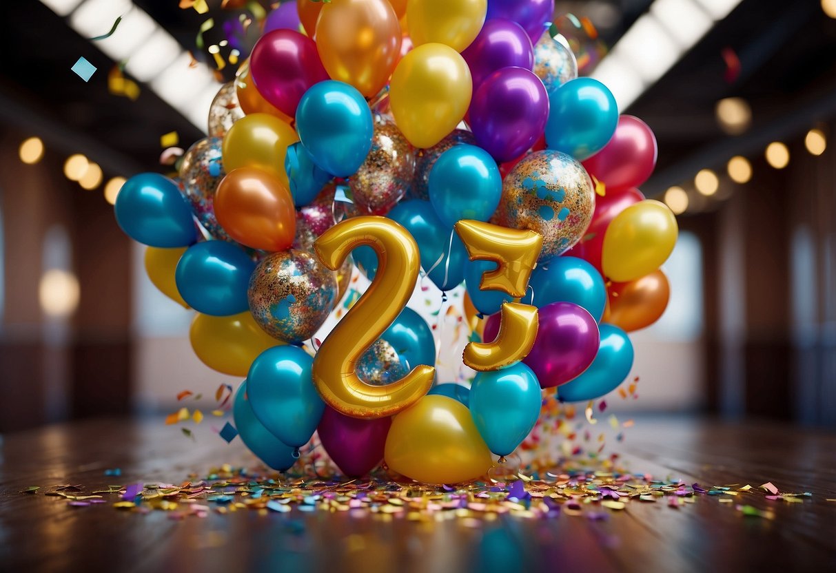 Colorful balloon letters spell out "25th Anniversary" floating above a celebratory scene, surrounded by confetti and streamers