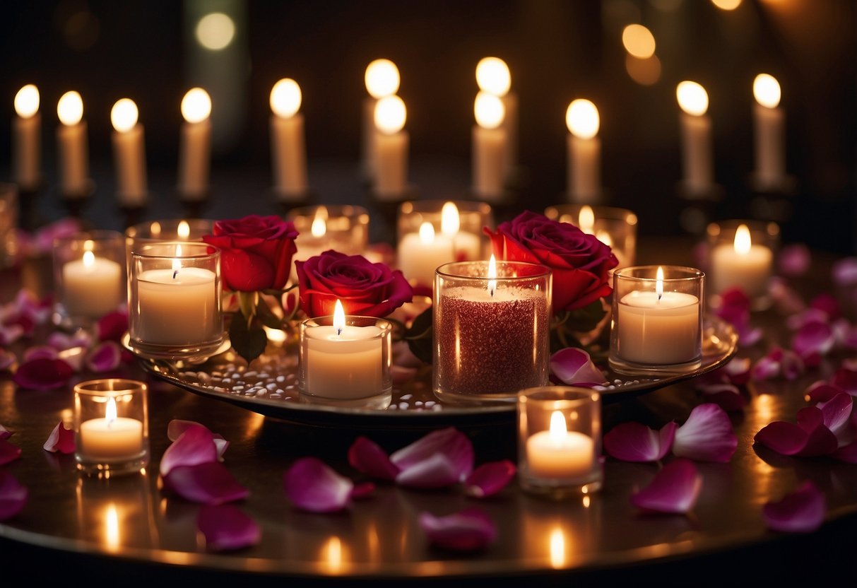 A table is adorned with flickering candles in elegant arrangements, casting a warm glow over the room. Rose petals are scattered around the base, adding a touch of romance to the 25th anniversary celebration