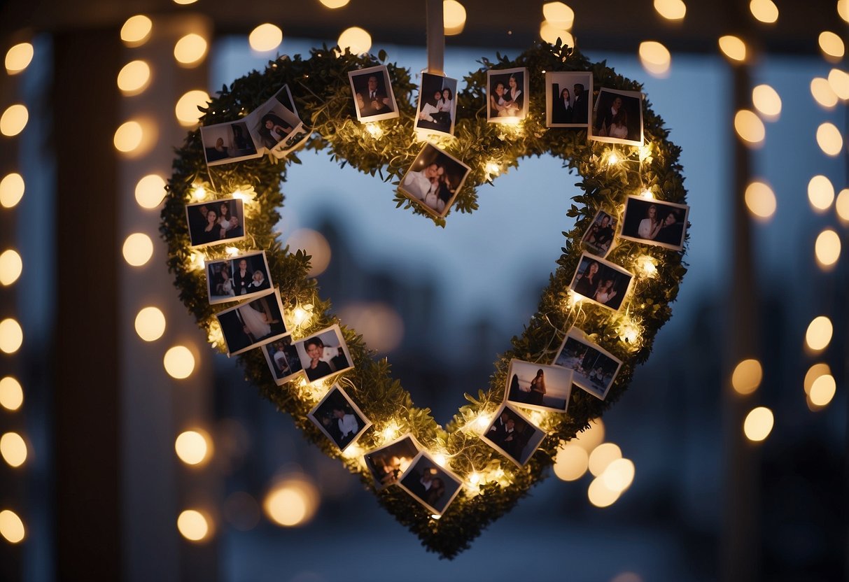 A heart-shaped wreath made of photos hangs on a wall, surrounded by twinkling fairy lights. The photos depict special moments from the couple's 25 years together