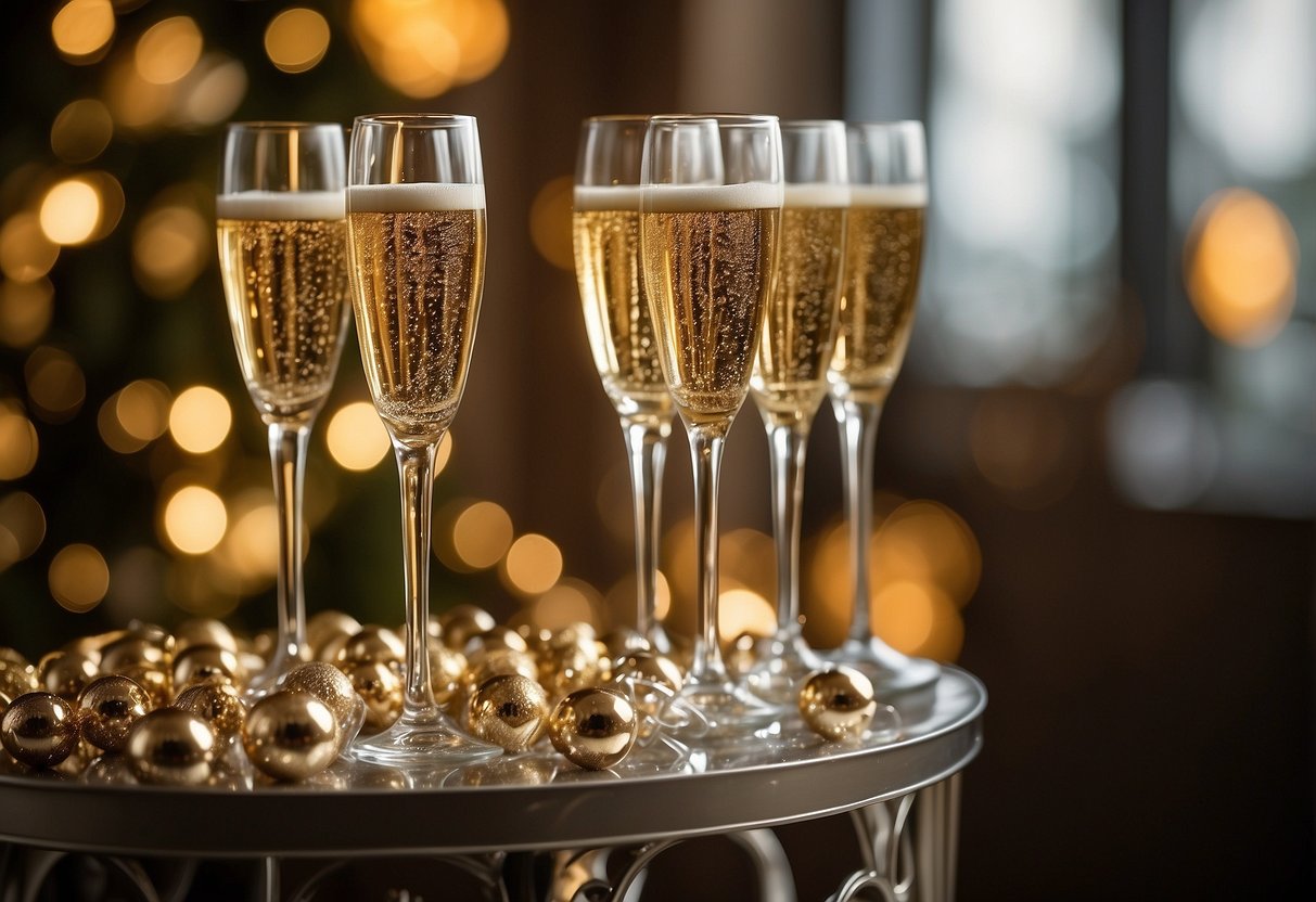 A grand champagne tower with cascading bubbles, surrounded by shimmering gold and silver decorations, and elegant crystal champagne flutes lined up for a 25th anniversary celebration