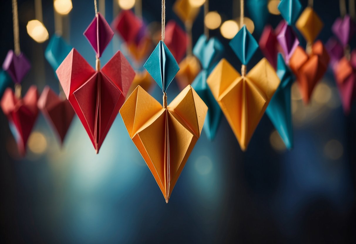 Colorful origami hearts hang from strings, creating a festive backdrop for a 25th anniversary celebration