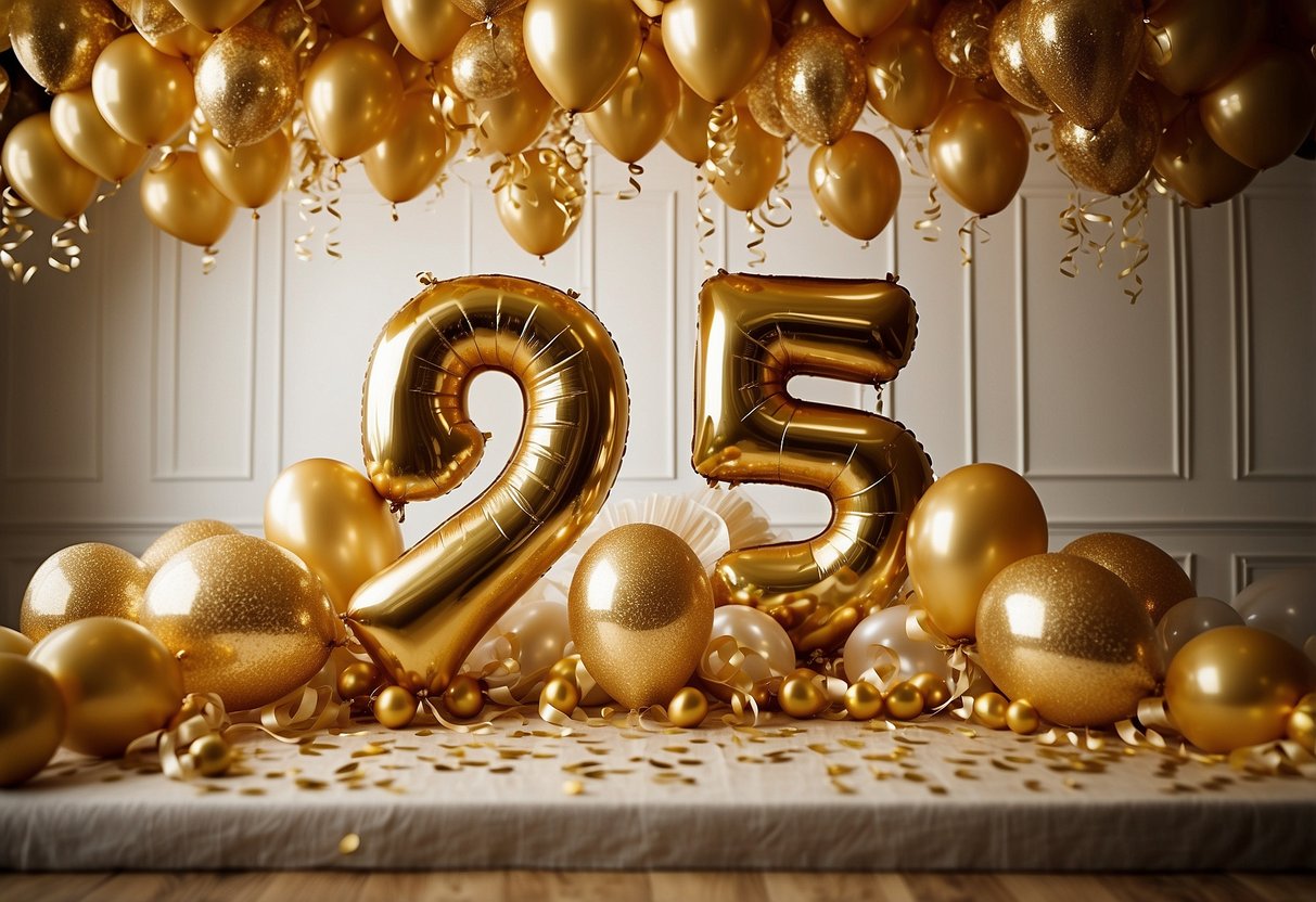 A room filled with gold foil balloons spelling out "25th anniversary" against a backdrop of shimmering gold decorations and elegant table settings