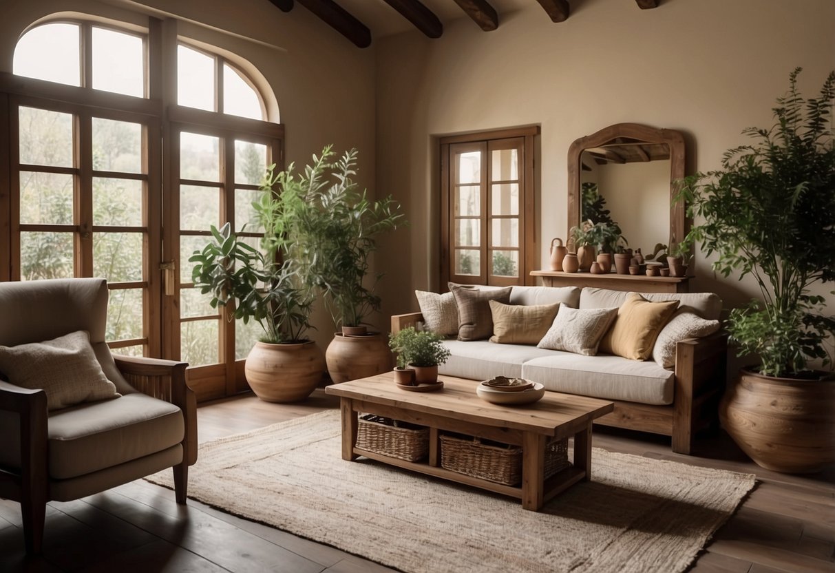 A cozy living room with rustic wooden furniture, earthy tones, and traditional Italian ceramics on display. A large window lets in natural light, illuminating the elegant decor