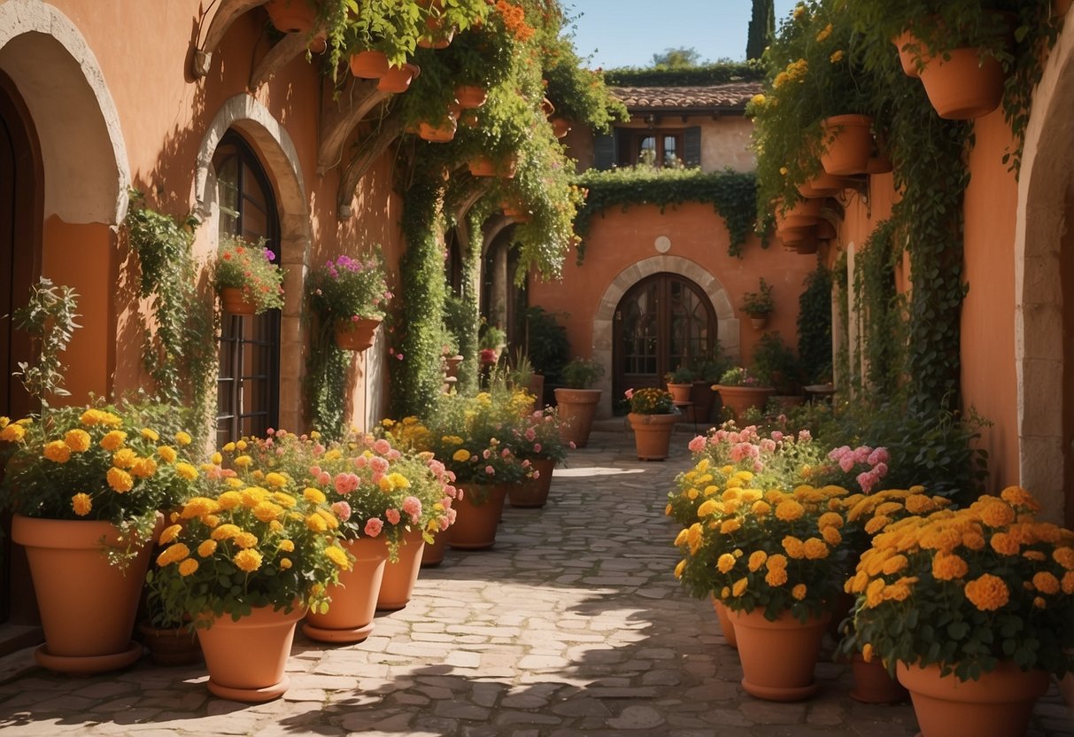 A sunny patio with terracotta planters filled with vibrant flowers, surrounded by ivy-covered walls and rustic Italian décor