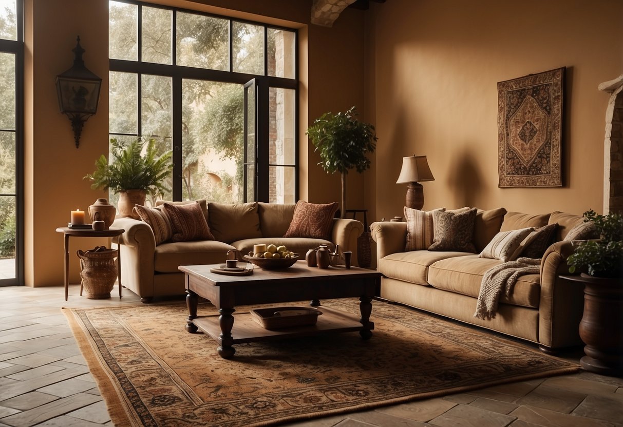 A cozy living room with a Tuscan-style rug, warm earthy tones, rustic furniture, and decorative pottery