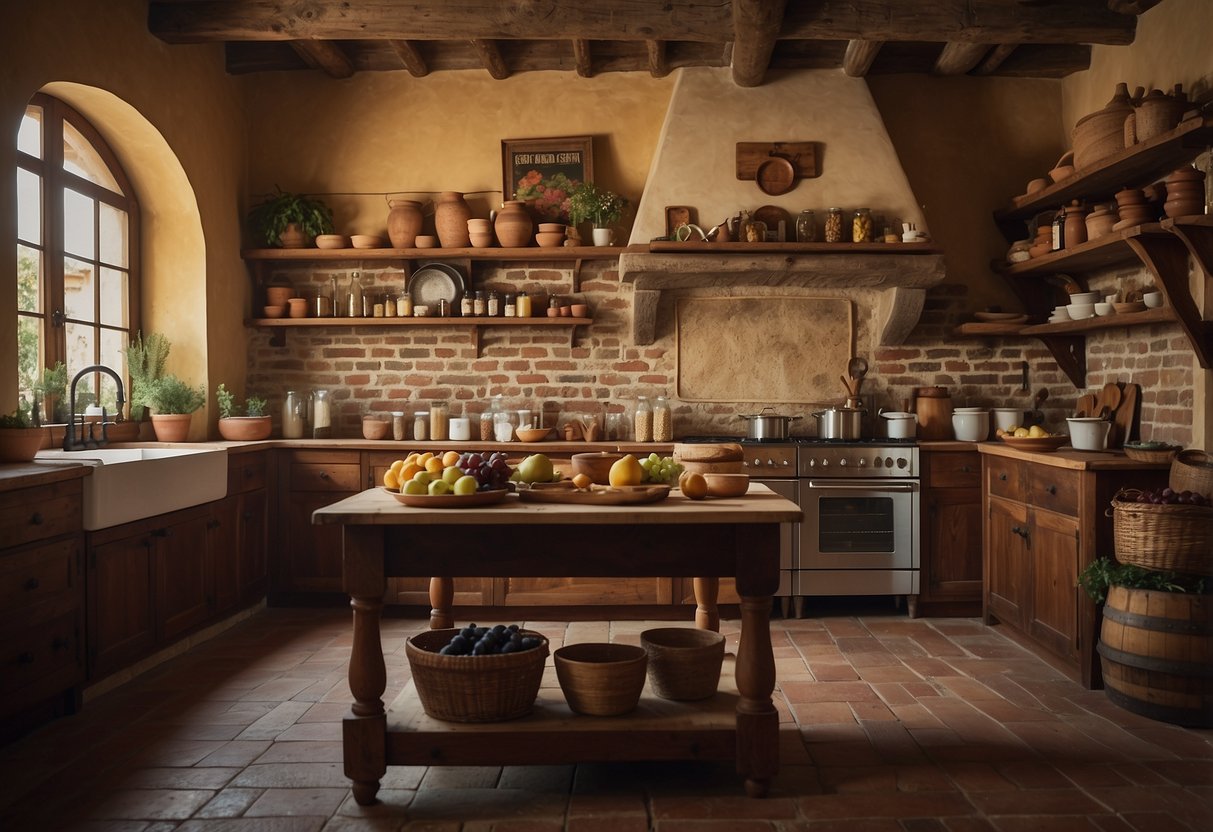 A rustic Italian kitchen with vintage posters adorning the walls, showcasing scenes of the Italian countryside, vineyards, and classic Italian food and wine