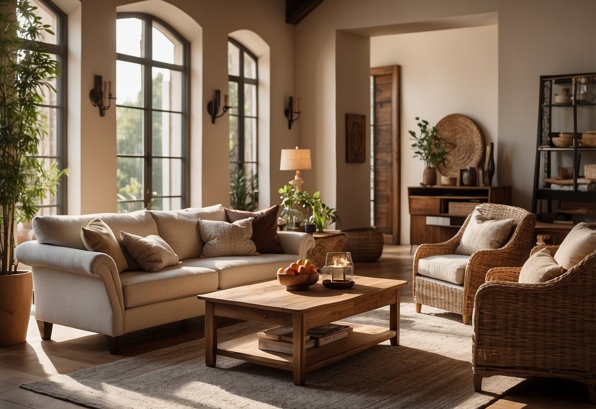 A cozy living room with handcrafted wood furniture, adorned with Italian-inspired decor and accents. Rich textures and warm colors create a welcoming atmosphere