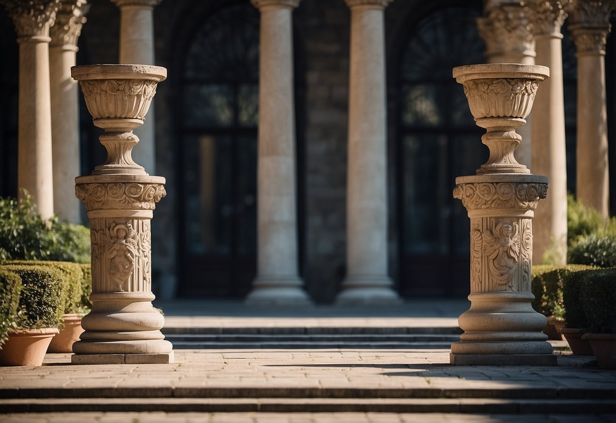 Two Roman column pedestals stand on either side of a grand entrance, adorned with intricate carvings and supporting decorative vases or sculptures