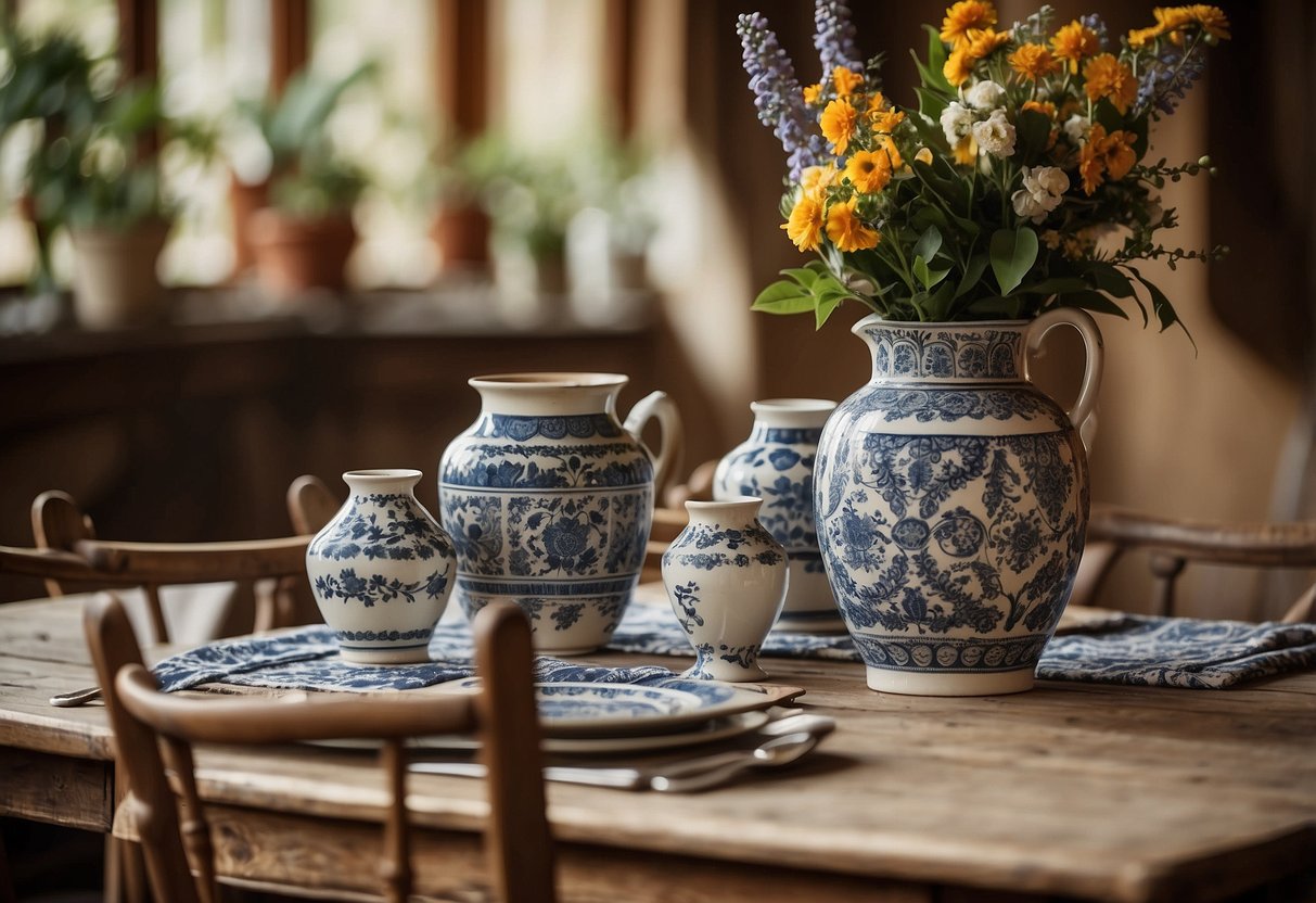 A rustic wooden table adorned with ceramic vases, surrounded by ornate chairs and tapestries, evoking the historical influence in Italian home decor