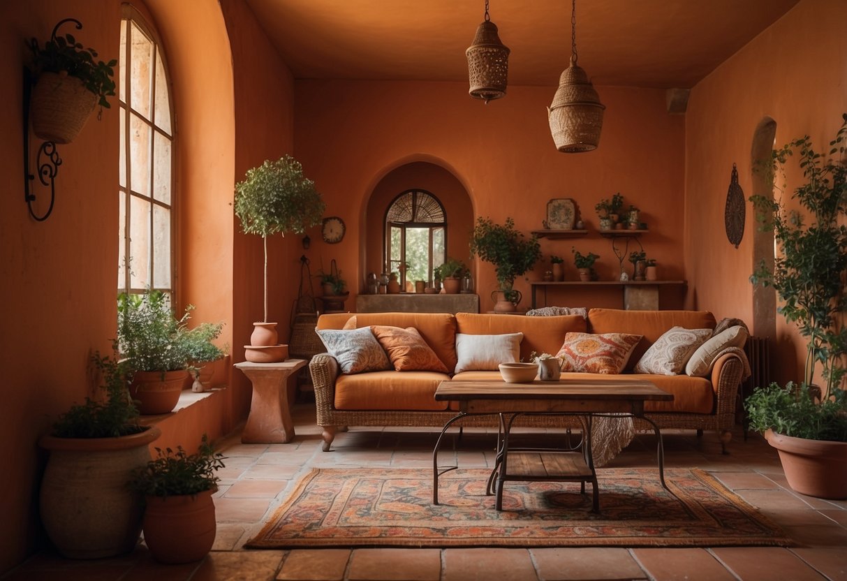 A cozy Italian home with warm terracotta walls, rustic wooden furniture, and vibrant pops of color in the form of hand-painted ceramics and tapestries. Rich textures like wrought iron, linen, and distressed leather add depth to the space