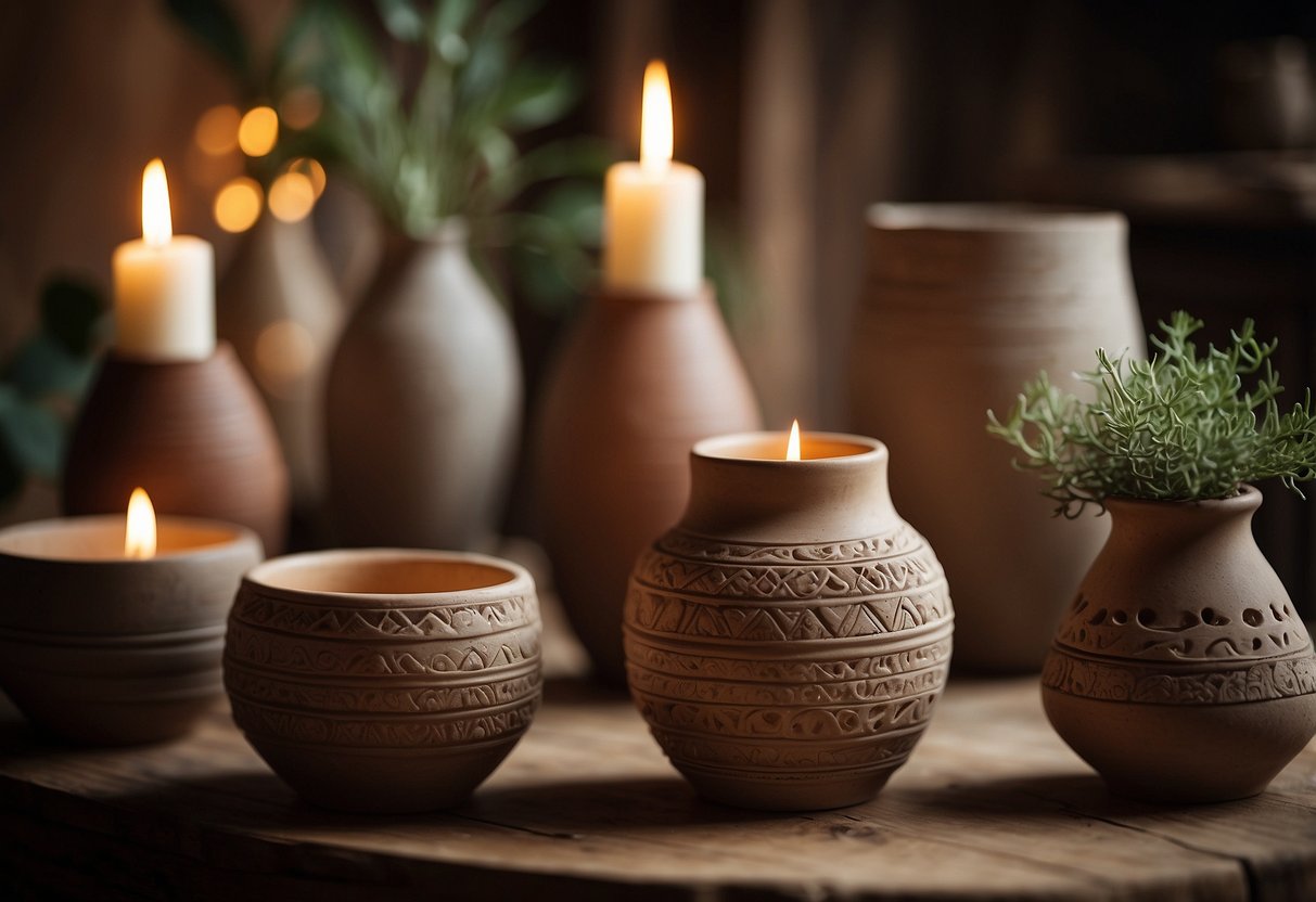 A table adorned with handmade clay vases, candle holders, and decorative bowls. Earthy tones and organic textures create a cozy and inviting atmosphere