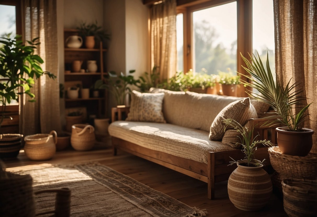 A cozy living room with handcrafted wooden shelves, woven tapestries, and ceramic pottery. Sunlight streams in through the window, casting a warm glow on the artisanal home decor