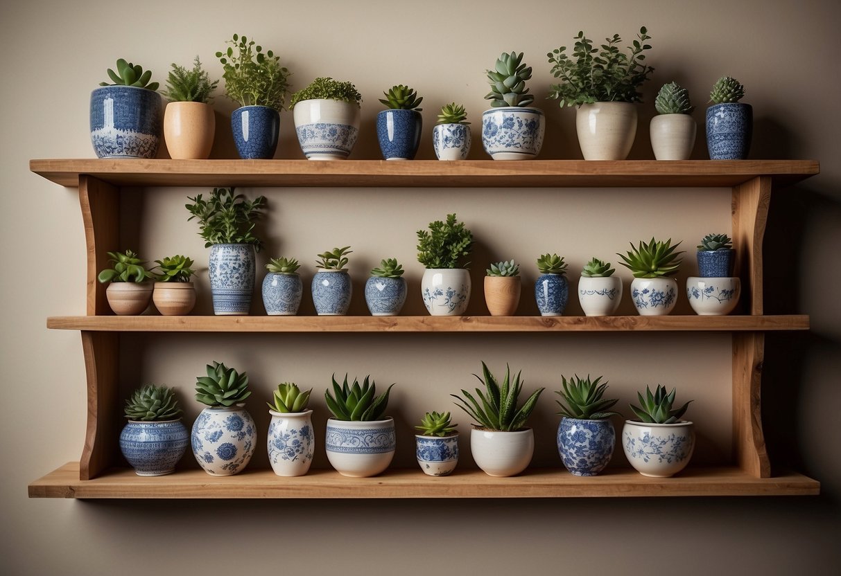 A rustic wooden shelf displays a collection of vintage ceramic planters in various sizes and patterns, adding a touch of artisanal charm to the cozy home decor