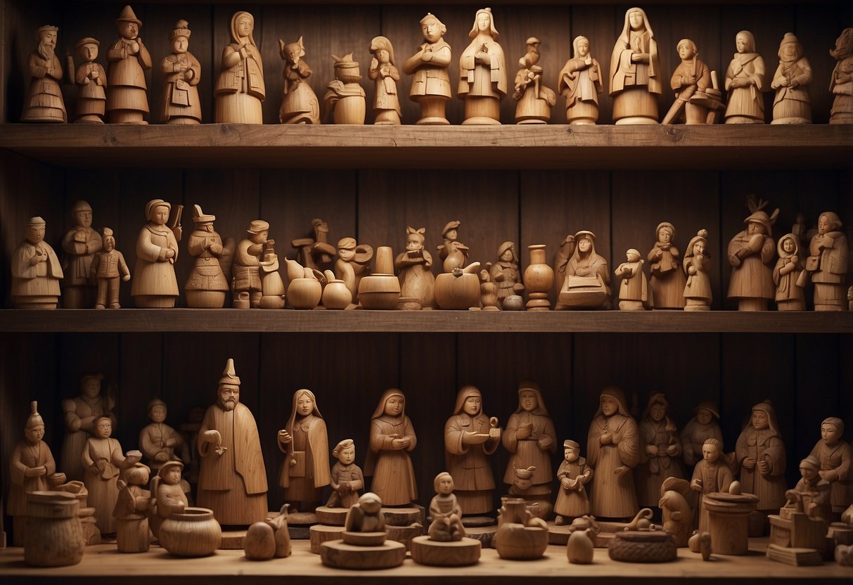 A cozy workshop filled with hand-carved wooden figurines, displayed on rustic shelves and illuminated by warm, natural light