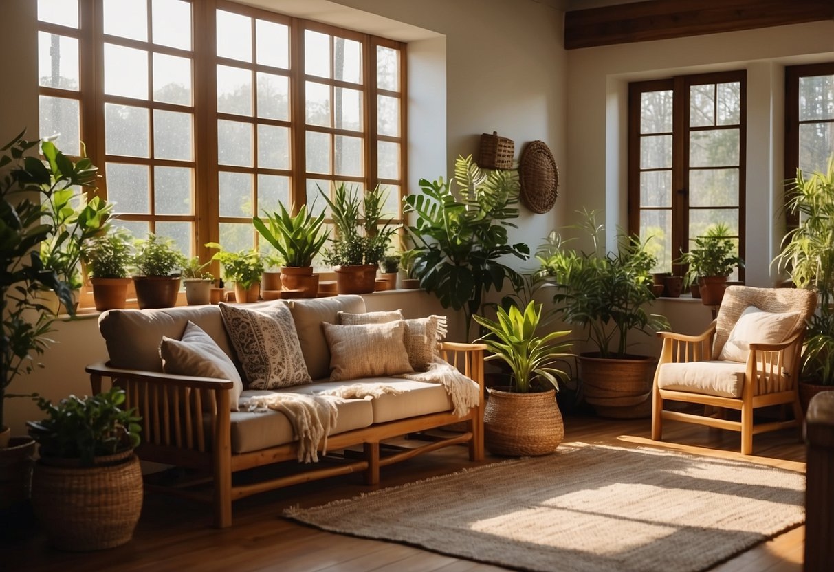 A cozy living room with handcrafted wooden furniture, woven textiles, and potted plants. Sunlight streams in through the window, casting a warm glow on the artisanal decor