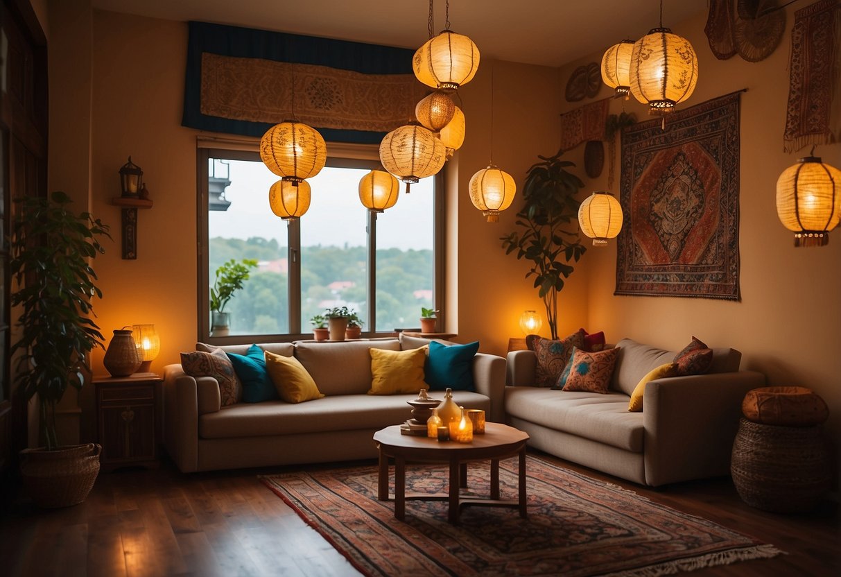 A cozy living room with warm, golden lighting, adorned with colorful lanterns, intricate tapestries, and plush floor cushions for a festive Ramadan atmosphere