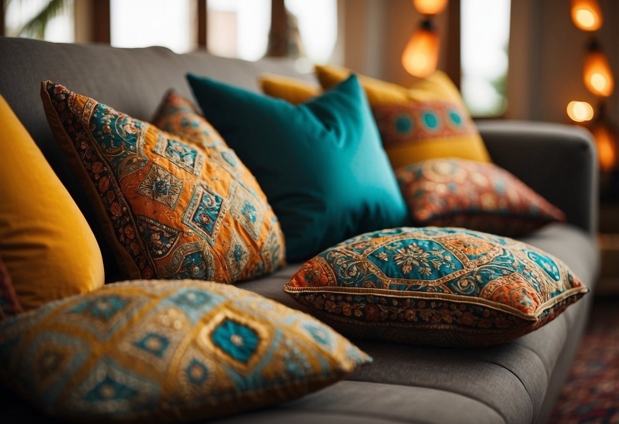 Colorful throw pillows with "Eid Mubarak" and festive patterns on a cozy couch, surrounded by lanterns and Islamic art