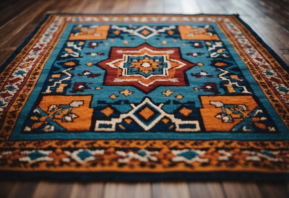 A colorful Islamic geometric pattern rug adorns the floor, adding a touch of traditional Ramadan home decor