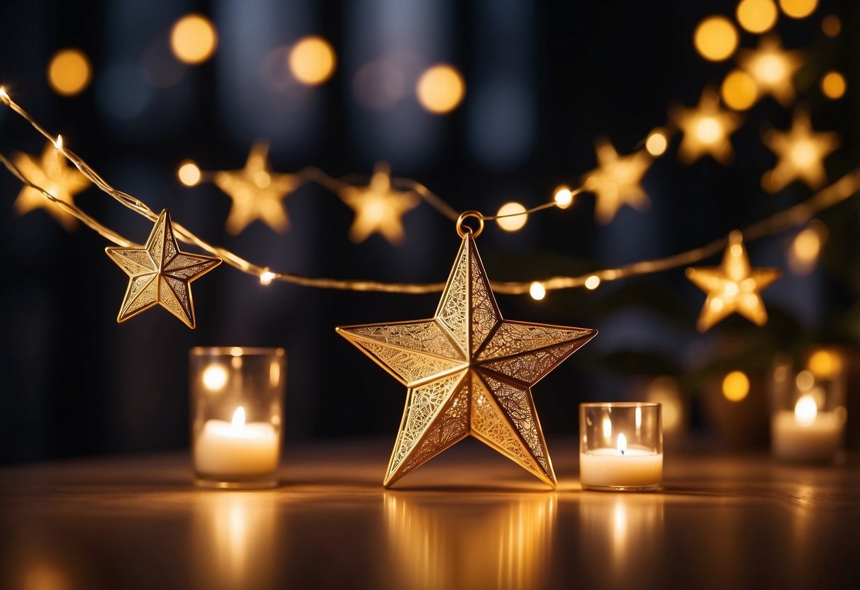 A golden star string garland hangs above a mantle, adding a warm and festive touch to the Ramadan home decor