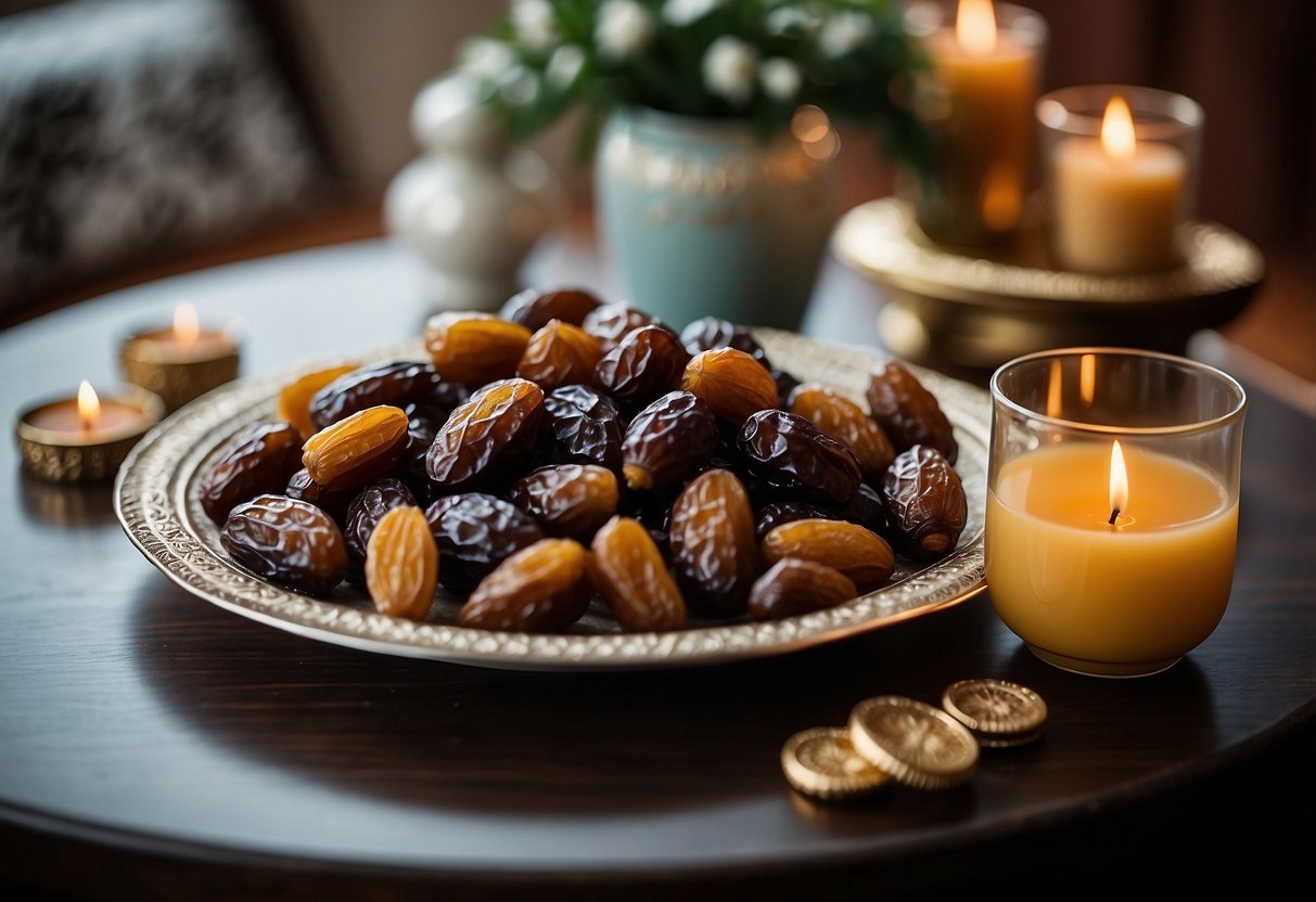 A decorative serving platter filled with dates sits on a beautifully adorned table, surrounded by traditional Ramadan home decor items