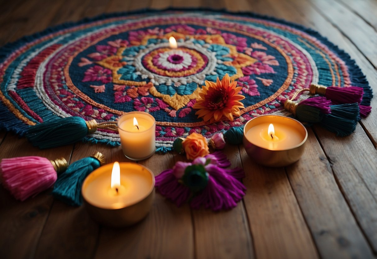 A colorful prayer mat with tassels lies on a clean, wooden floor, surrounded by flickering candles and blooming flowers for Ramadan home decor ideas