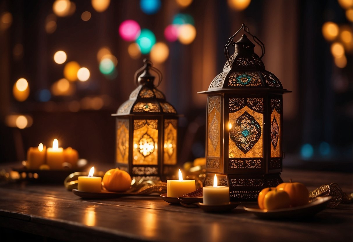 A table adorned with colorful Ramadan decorations, including lanterns, crescent moons, and calligraphy. A warm glow emanates from the candles, creating an inviting and festive atmosphere