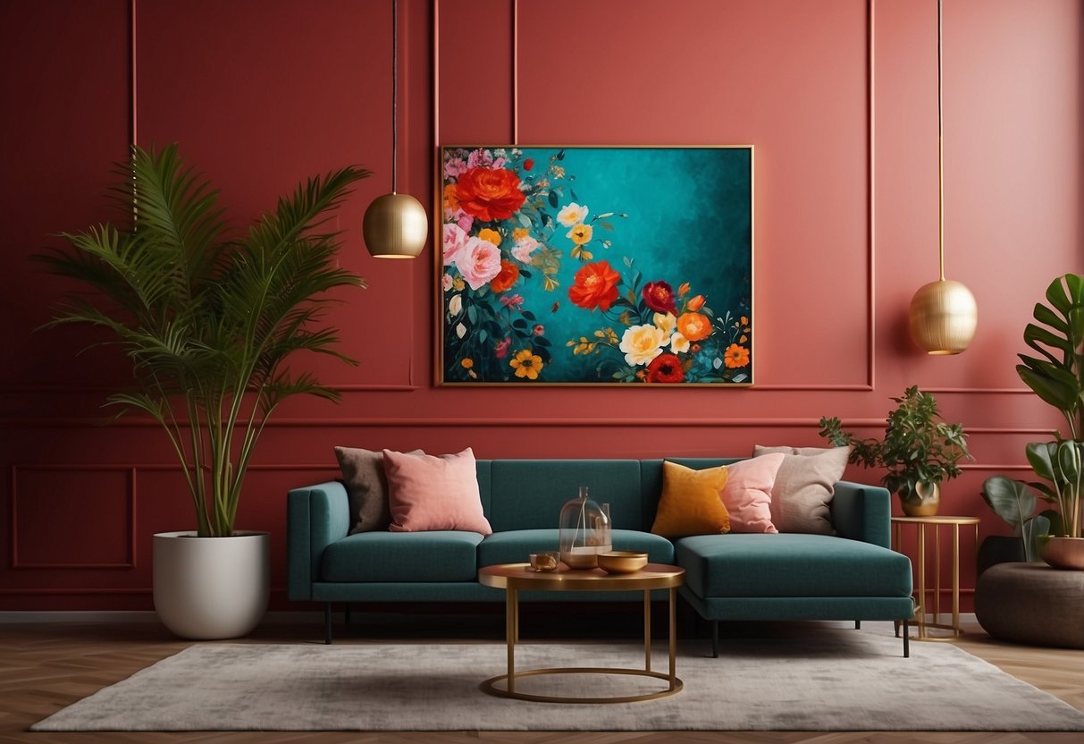 A vibrant red wall adorned with abstract paintings, geometric shapes, and floral patterns. Bright, bold, and modern decor