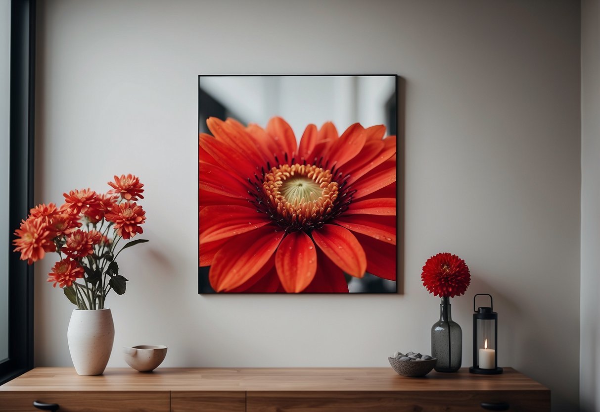 A modern red flower art piece hanging on a white wall, surrounded by contemporary home decor elements