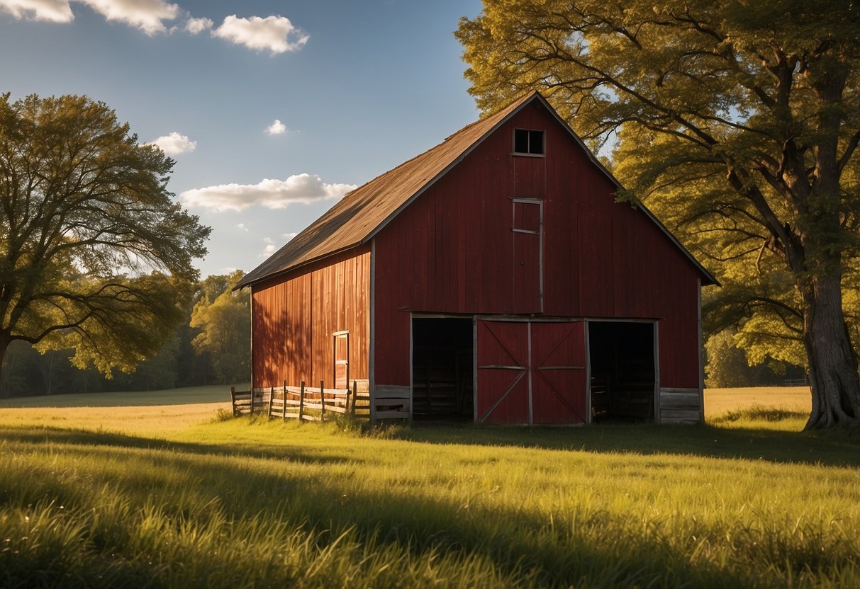 A rustic red barn stands against a blue sky, surrounded by green fields and trees. The sun casts a warm glow on the weathered wood, creating a charming and inviting scene