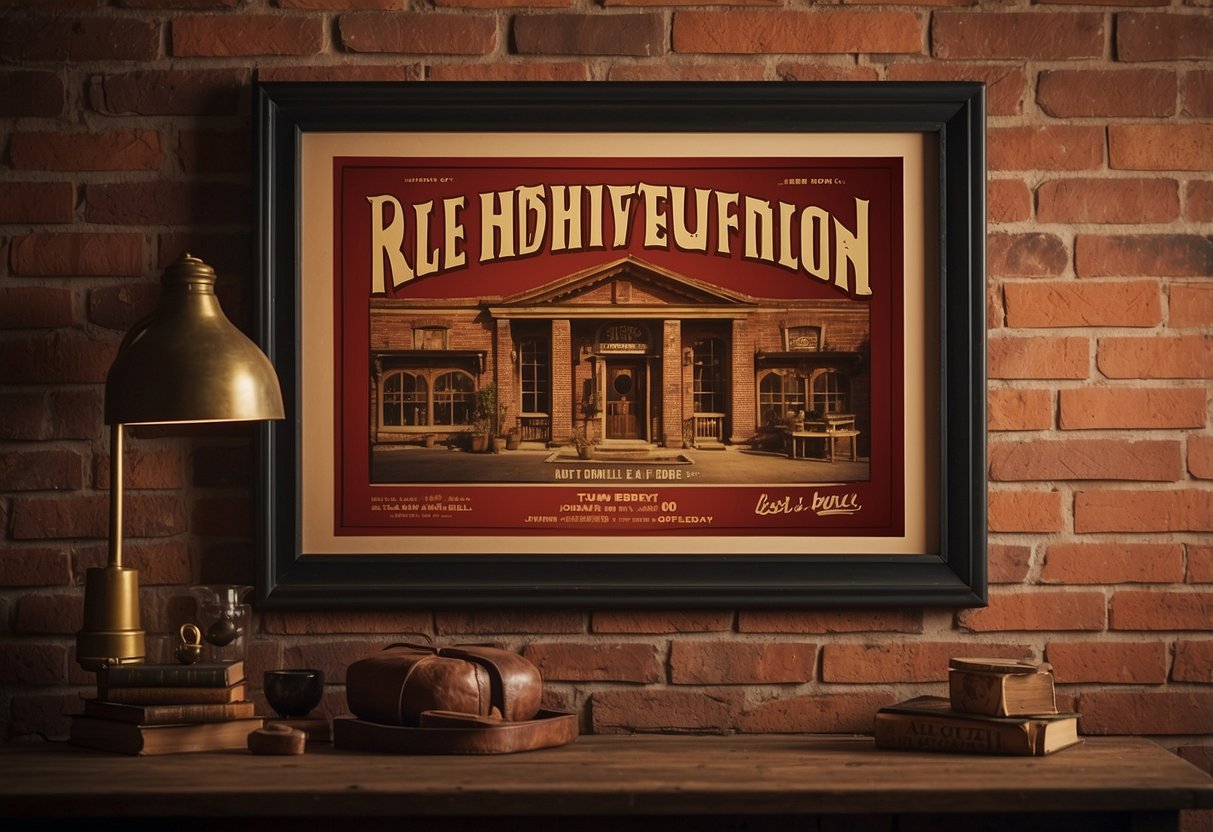 A vintage red poster hangs on a weathered brick wall, surrounded by antique home decor items. The warm glow of a nearby lamp highlights the rich color of the artwork