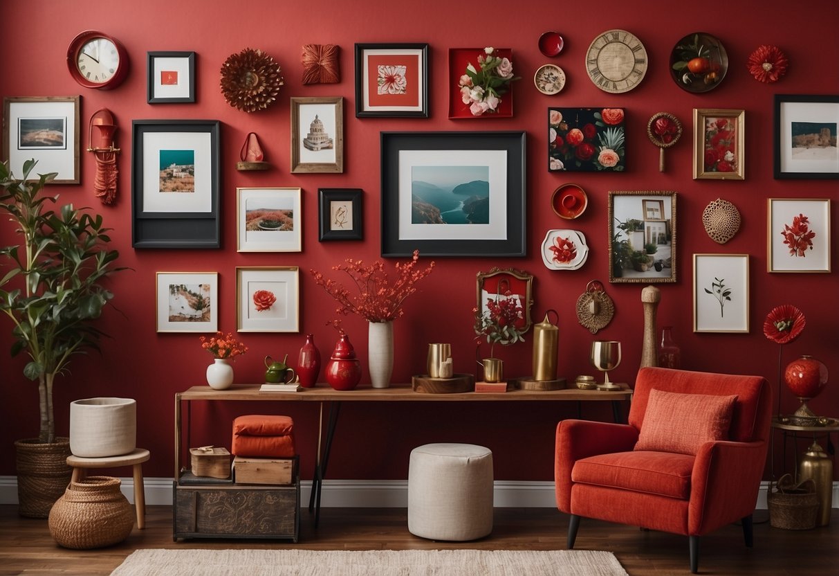 A vibrant red-themed collage art featuring various red home decor items arranged on a wall, including paintings, frames, and decorative objects