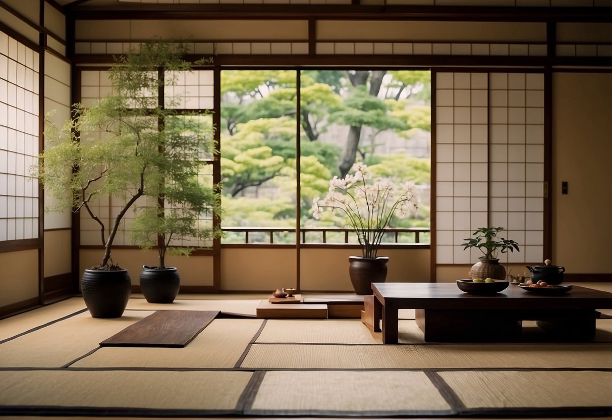 A traditional Japanese tatami room with sliding shoji doors, low wooden furniture, and a serene ikebana flower arrangement