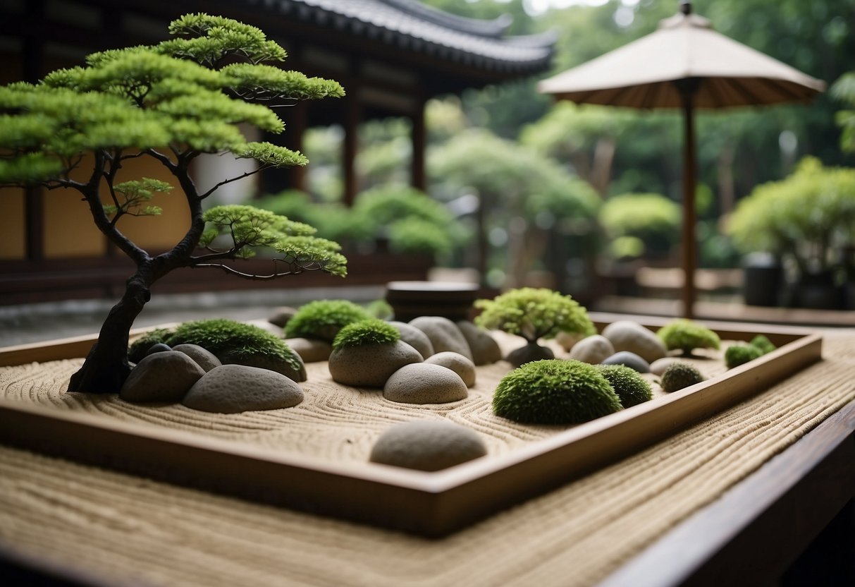 A serene Zen garden with carefully raked sand trays, surrounded by lush greenery and traditional Asian home decor