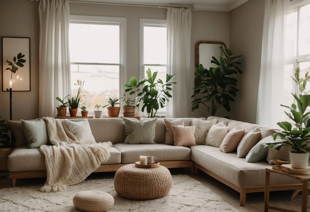 A cozy living room with a neutral color palette, soft throw blankets, and plush pillows. A bookshelf filled with decorative items and plants. Warm lighting and a large statement mirror on the wall