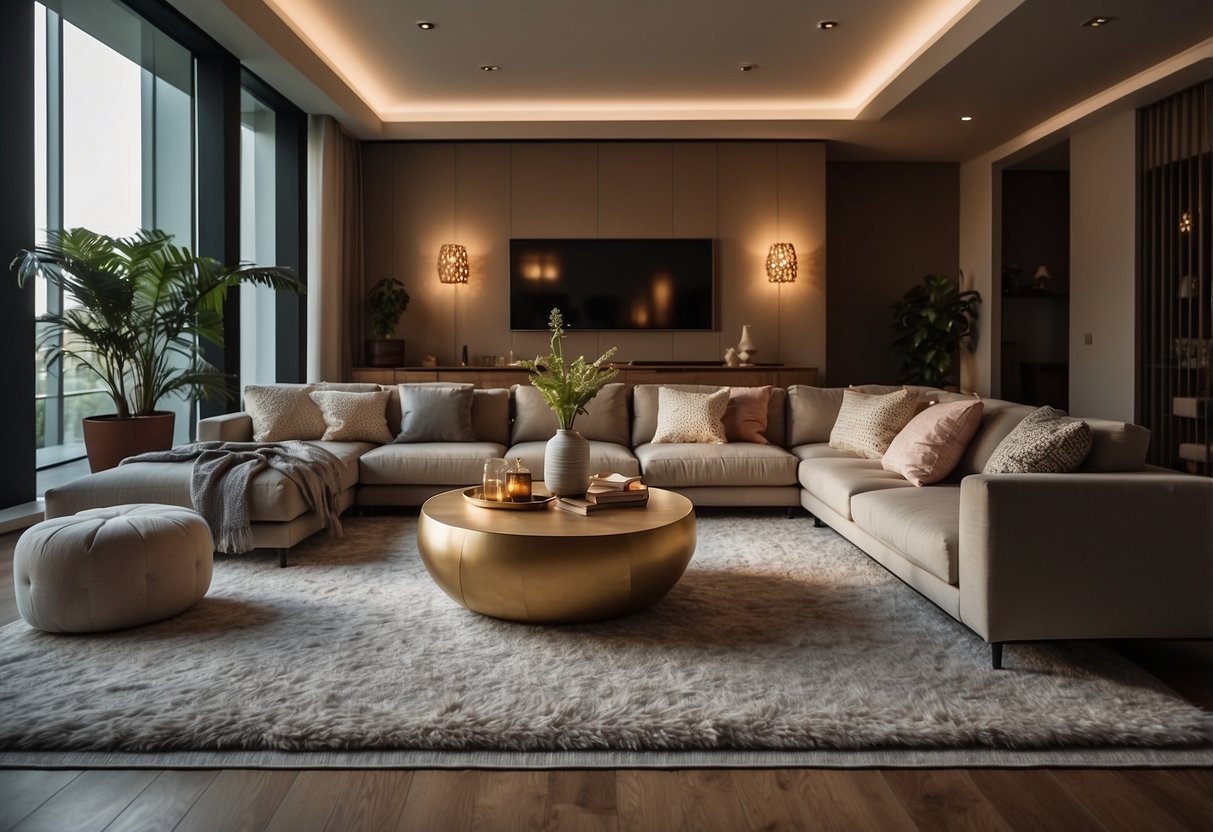 A living room with a warm, inviting atmosphere. A plush area rug in the center, surrounded by comfortable seating and soft lighting