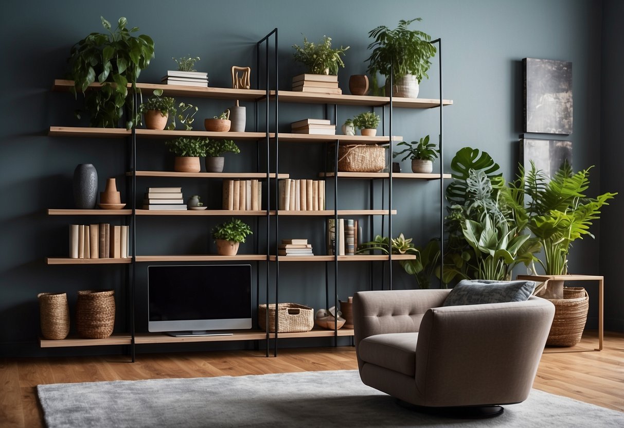 A living room with modular shelving units filled with books, plants, and decorative items. The shelves are arranged in a modern and stylish manner, adding a touch of sophistication to the room