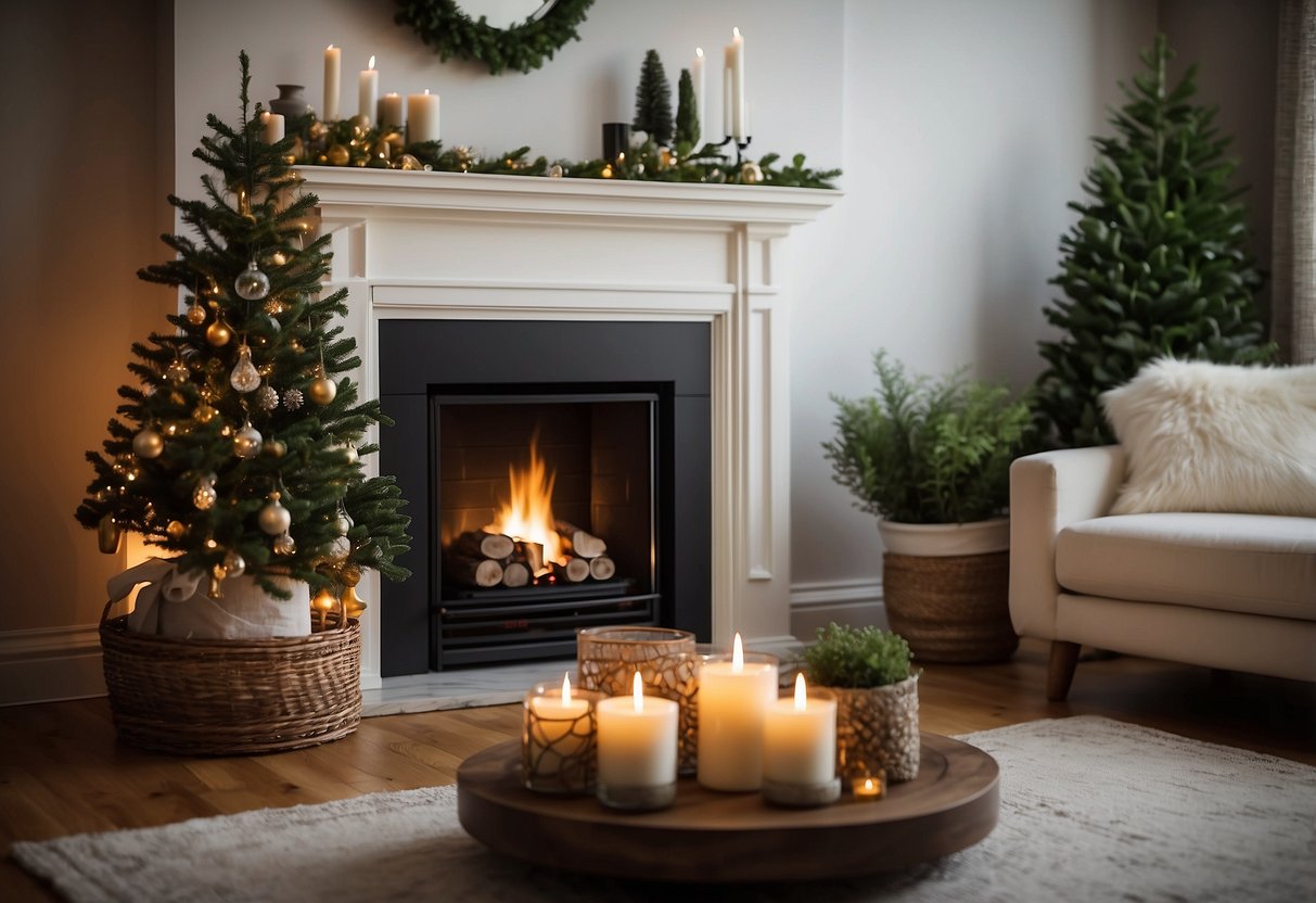 A cozy living room with a portable fireplace mantel as the focal point, adorned with decorative items such as candles, vases, and greenery