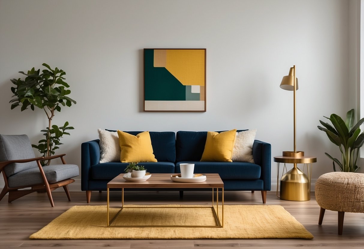 A living room with a cohesive color scheme: navy blue sofa, mustard yellow throw pillows, and a cream rug. Emerald green accent chair and gold coffee table. White walls and natural wood floors