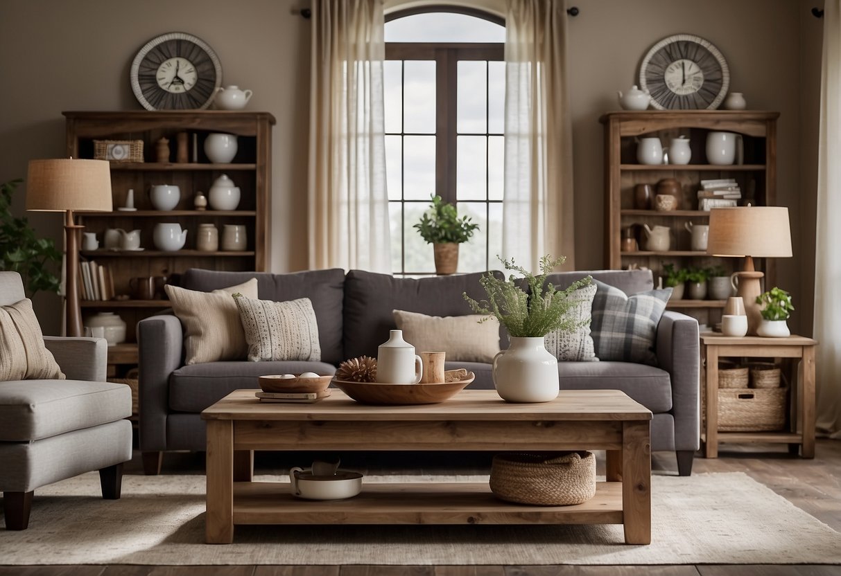 A cozy living room with a plush sofa, rustic wooden coffee table, and shelves adorned with stylish pottery vases and decorative accents