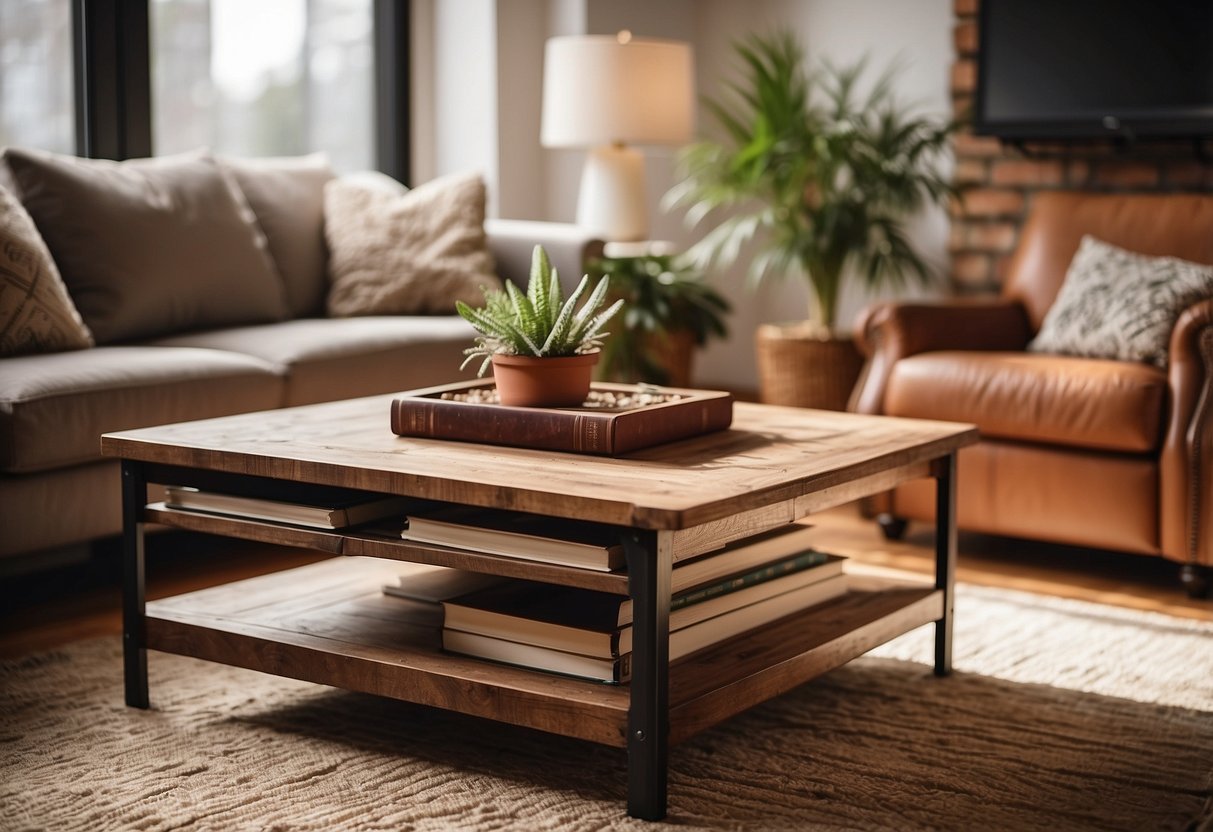 A rustic reclaimed wood coffee table sits in a cozy living room, adorned with a stack of books and a potted plant, creating a warm and inviting atmosphere