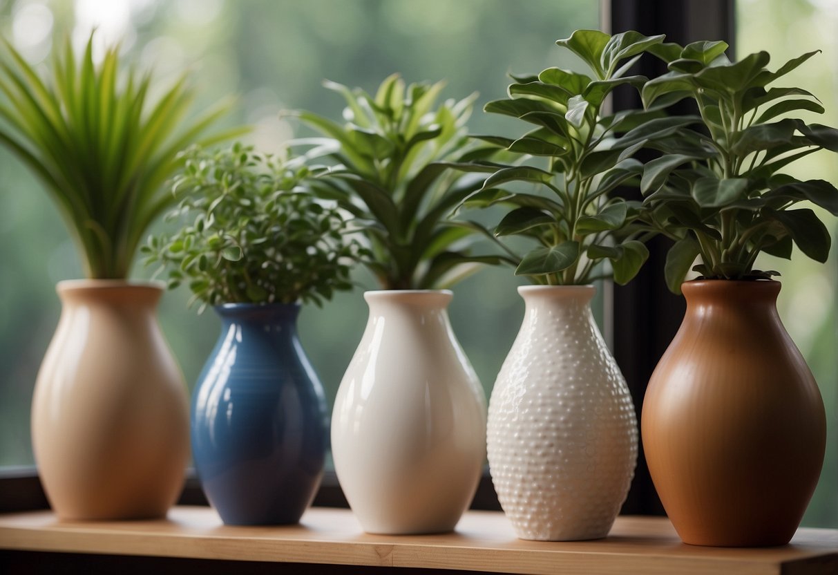 A set of ceramic vases arranged on a wooden shelf, surrounded by potted plants and natural light streaming in through a nearby window